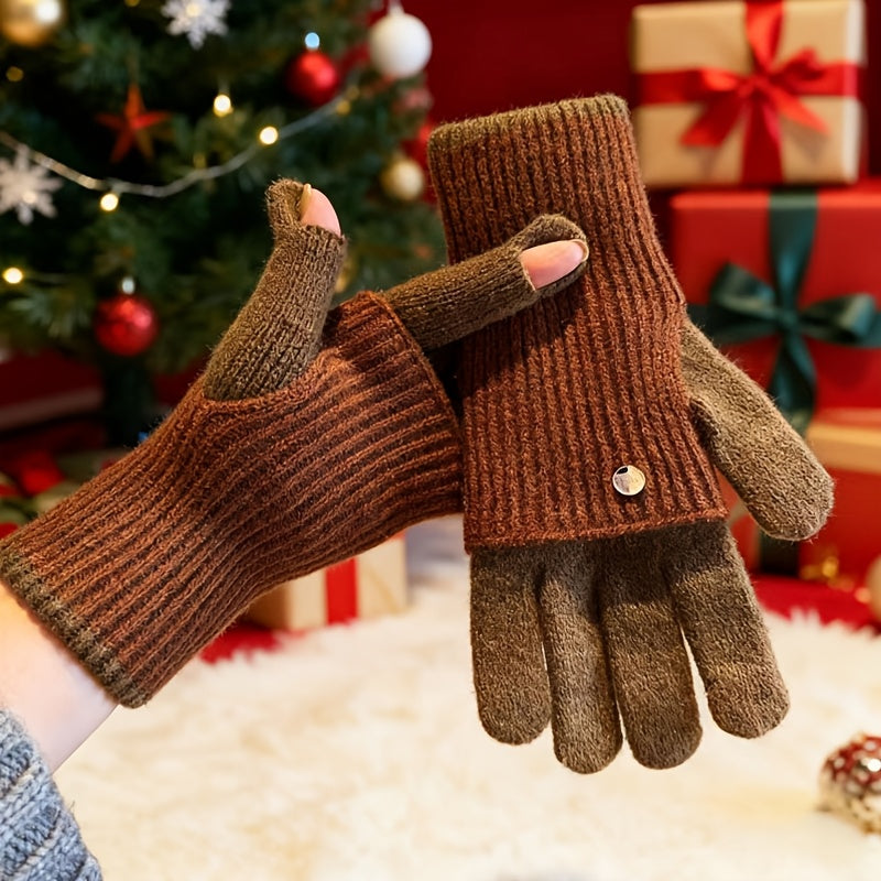 Gants tricotés bicolores convertibles avec mitaines rabattables pour femme