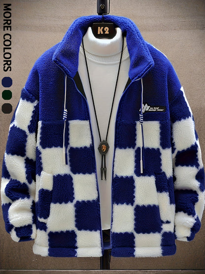Veste Polaire Homme à Carreaux Bicolores Douce Col Montant Fermeture Éclair