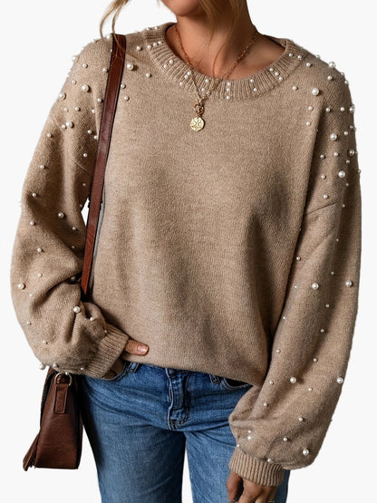 Elegant women's sweater with pearls, casual style, long sleeves