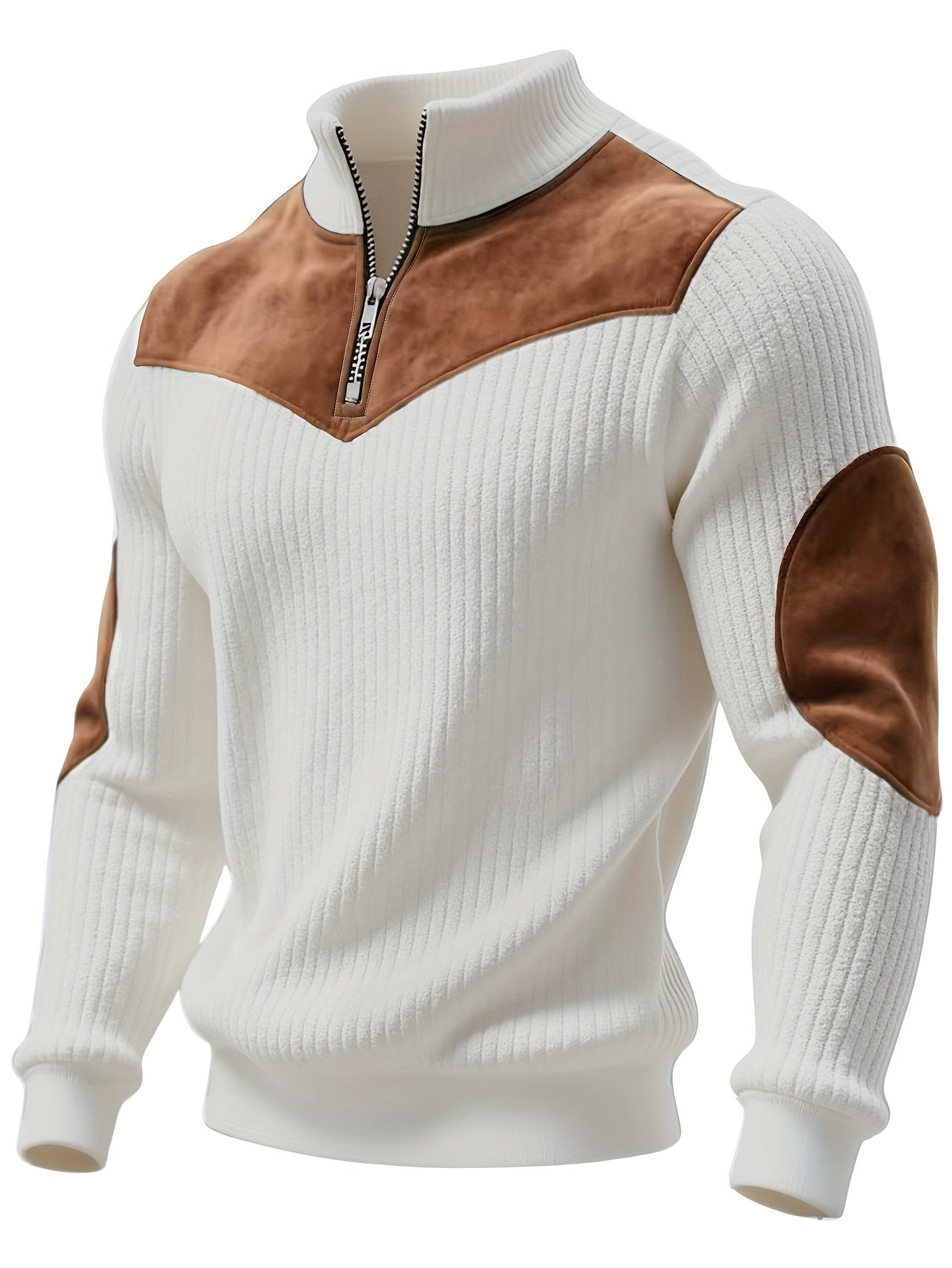 Pull Homme côtelé avec col montant zippé et empiècements suédine