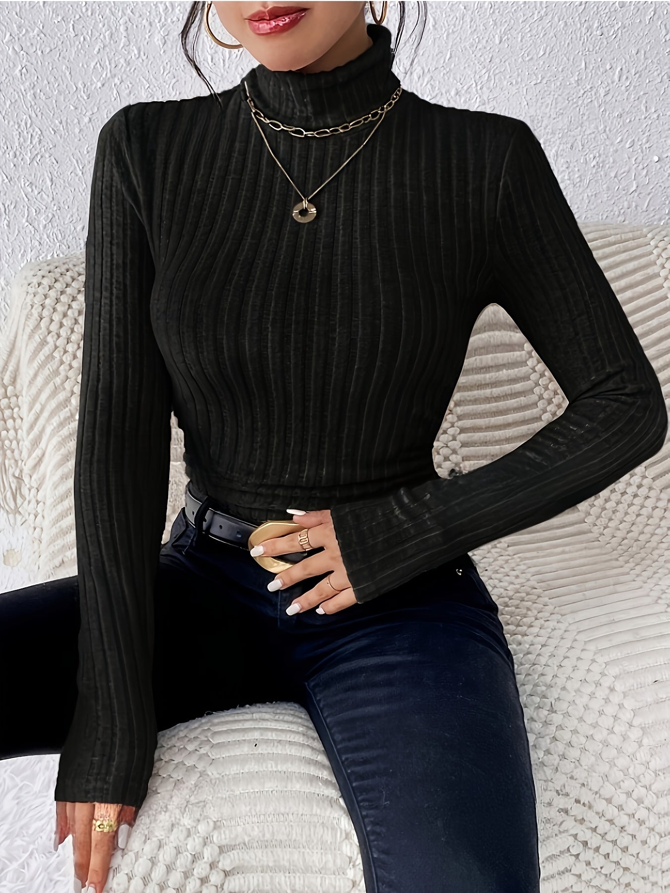 T-shirt Femme Col Montant Nervuré Manches Longues Noir