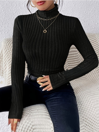 T-shirt Femme Col Montant Nervuré Manches Longues Noir