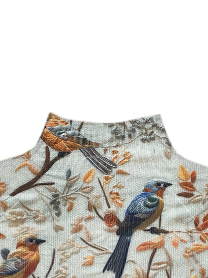 Damski sweter w stylu eleganckim z nadrukiem ptaków i stójką na jesień i zimę