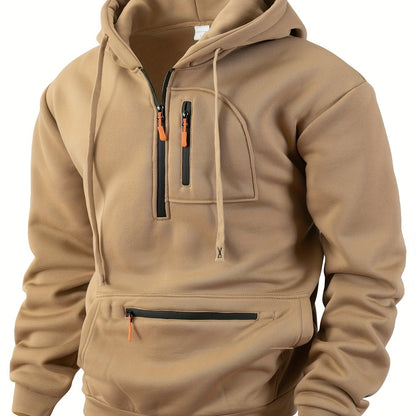 Sweat à Capuche Homme Mi-Zip avec Poches Zippées Devant Kaki