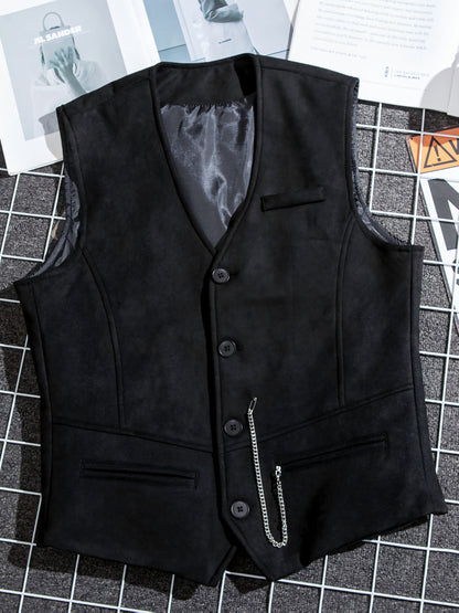 Gilet de Costume Homme Uni Col en V Décoration Chaîne Boutons