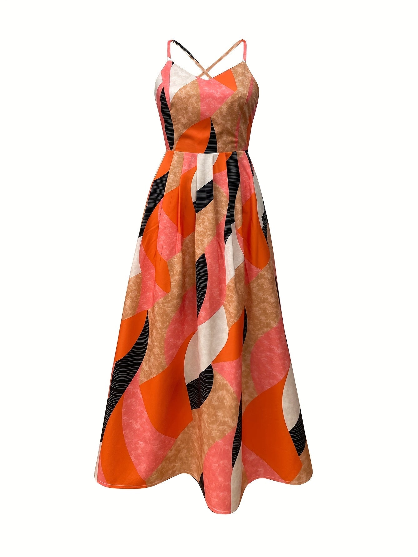 Robe longue élégante pour femme style soirée événement, motif graphique moderne, coupe flatteuse