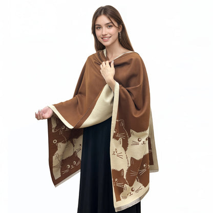 Châle Poncho Femme Réversible à Motifs Chats Mignon Imprimé - Couverture Douce Élégante