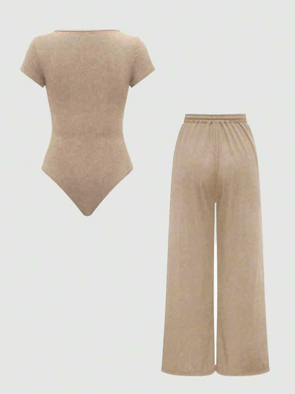 Ensemble Femme Body Col Carré et Pantalon Large Taille Haute Style Décontracté Printemps Été