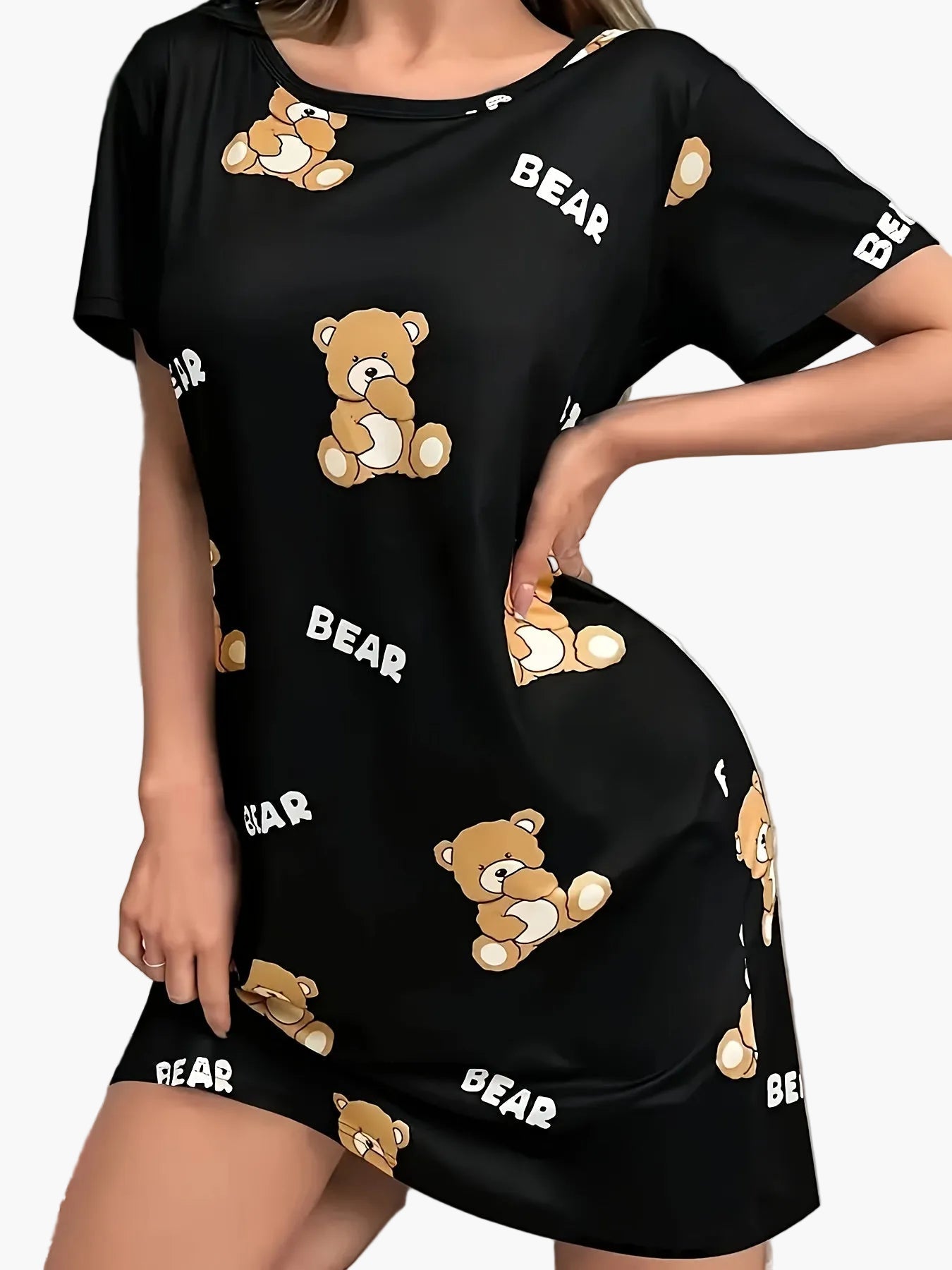 Chemise de nuit femme style tunique imprimé ourson, décontractée et confortable, idéale pour la maison