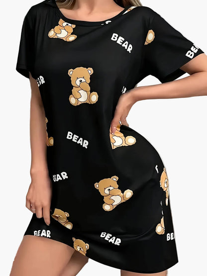 Chemise de nuit femme style tunique imprimé ourson, décontractée et confortable, idéale pour la maison