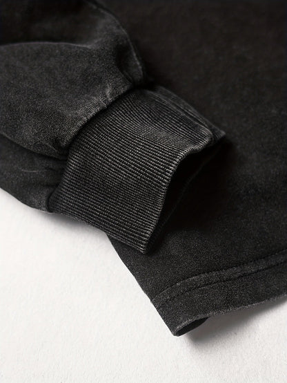 Sweat-shirt Homme ample noir délavé imprimé texte et écussons style racing