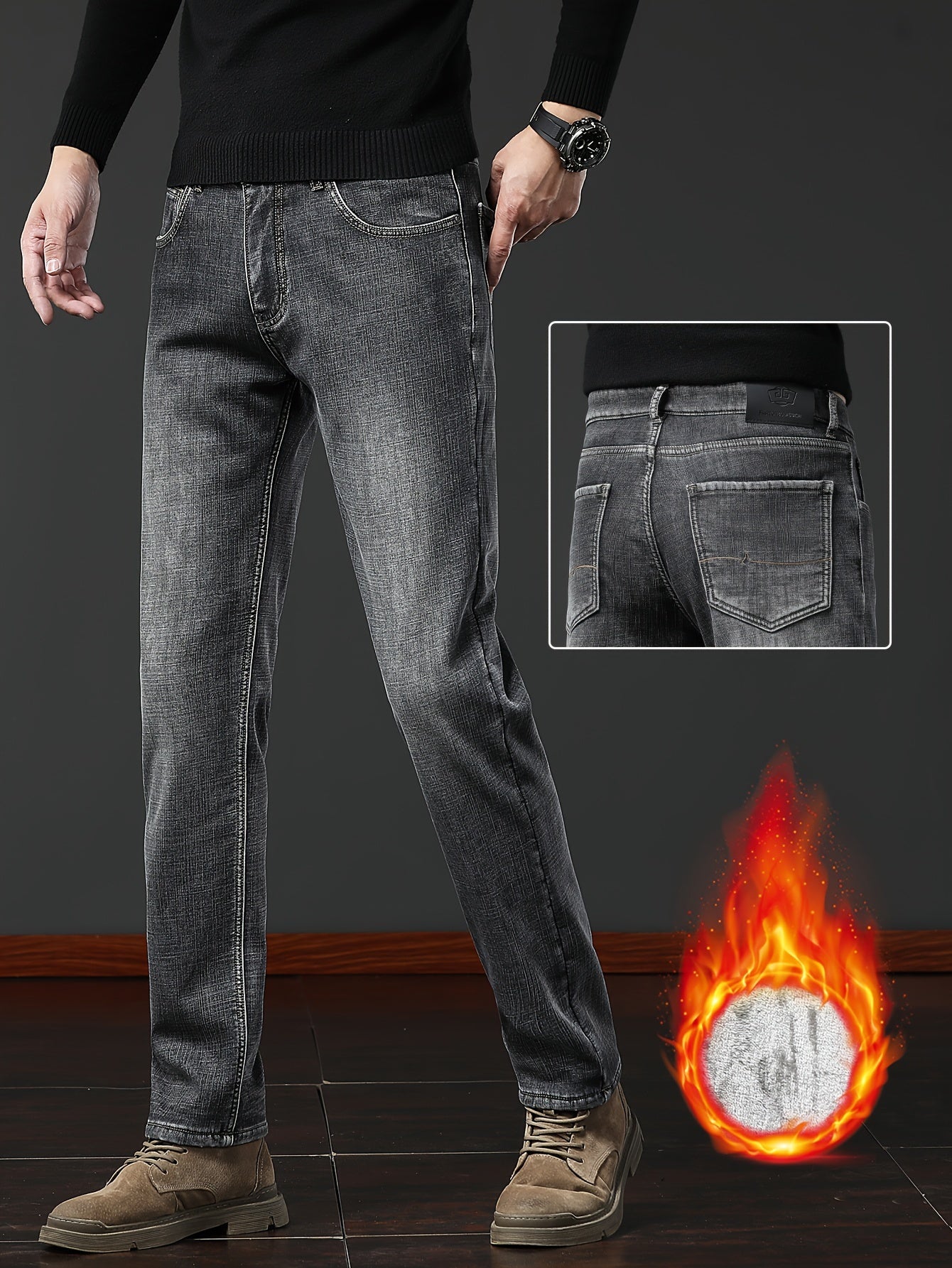 Jean homme doublé polaire coupe droite style décontracté bleu ou gris