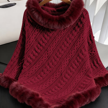 Poncho Femme Tricoté Bleu Marine avec Col et Bordure en Fourrure Synthétique
