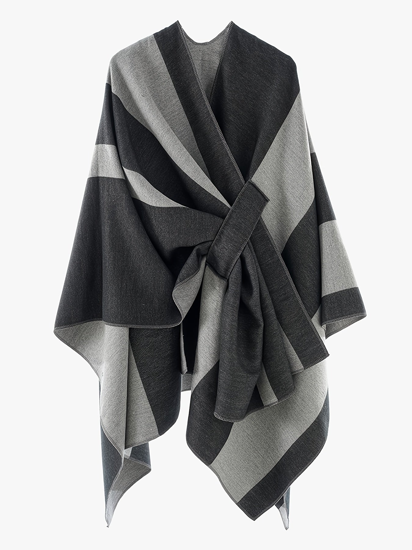Poncho Cape Femme Rayé Bicolore avec Nœud Décoratif Doux