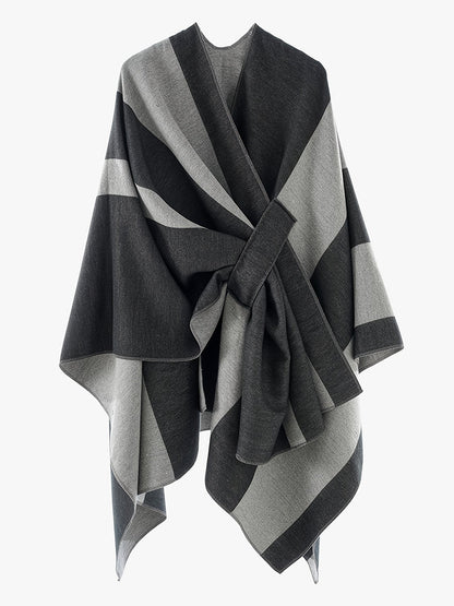 Poncho Cape Femme Rayé Bicolore avec Nœud Décoratif Doux