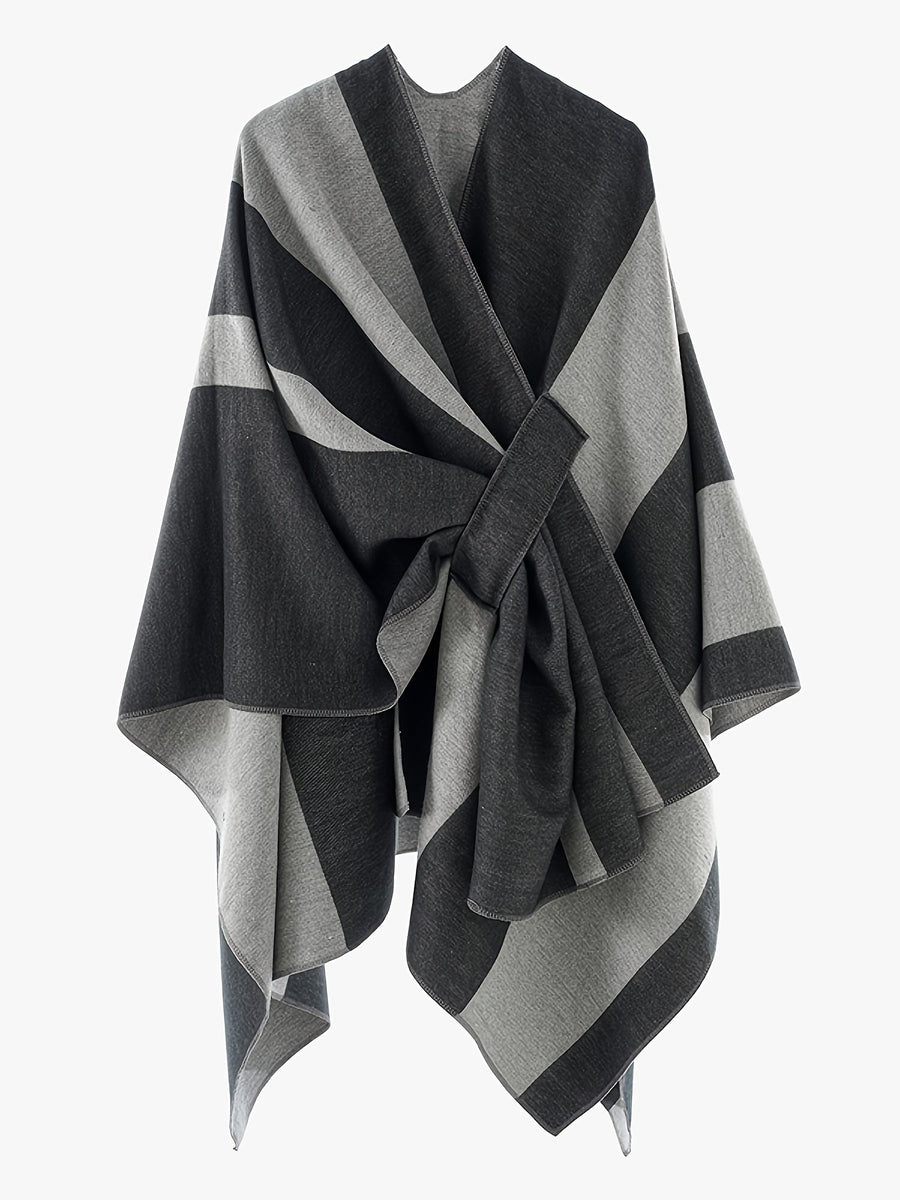 Poncho Cape Femme Rayé Bicolore avec Nœud Décoratif Doux