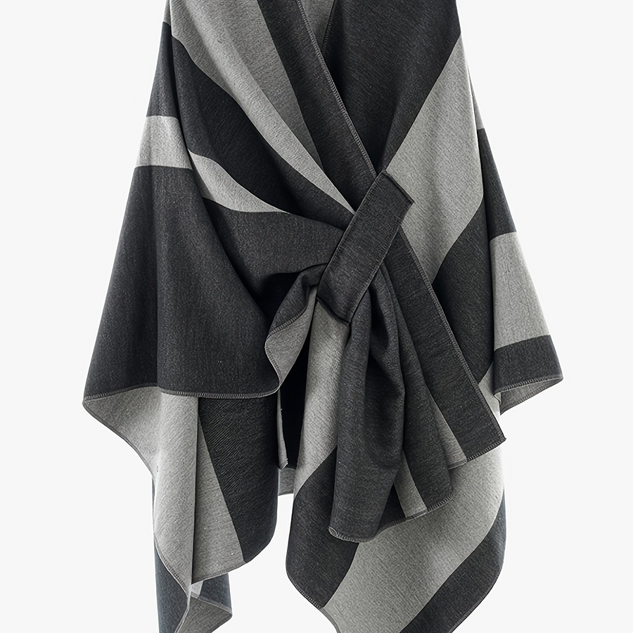 Poncho Cape Femme Rayé Bicolore avec Nœud Décoratif Doux