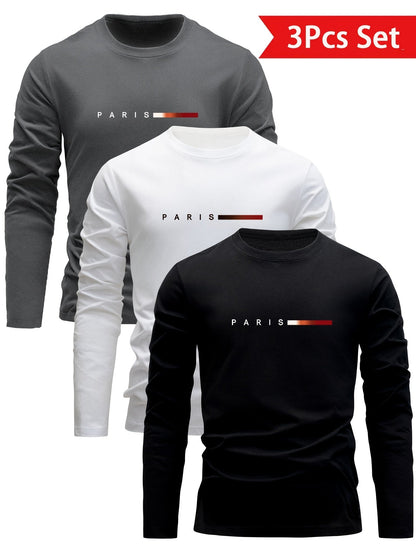 Lot de 3 T-shirts Homme Manches Longues Col Rond Motif Paris Dégradé