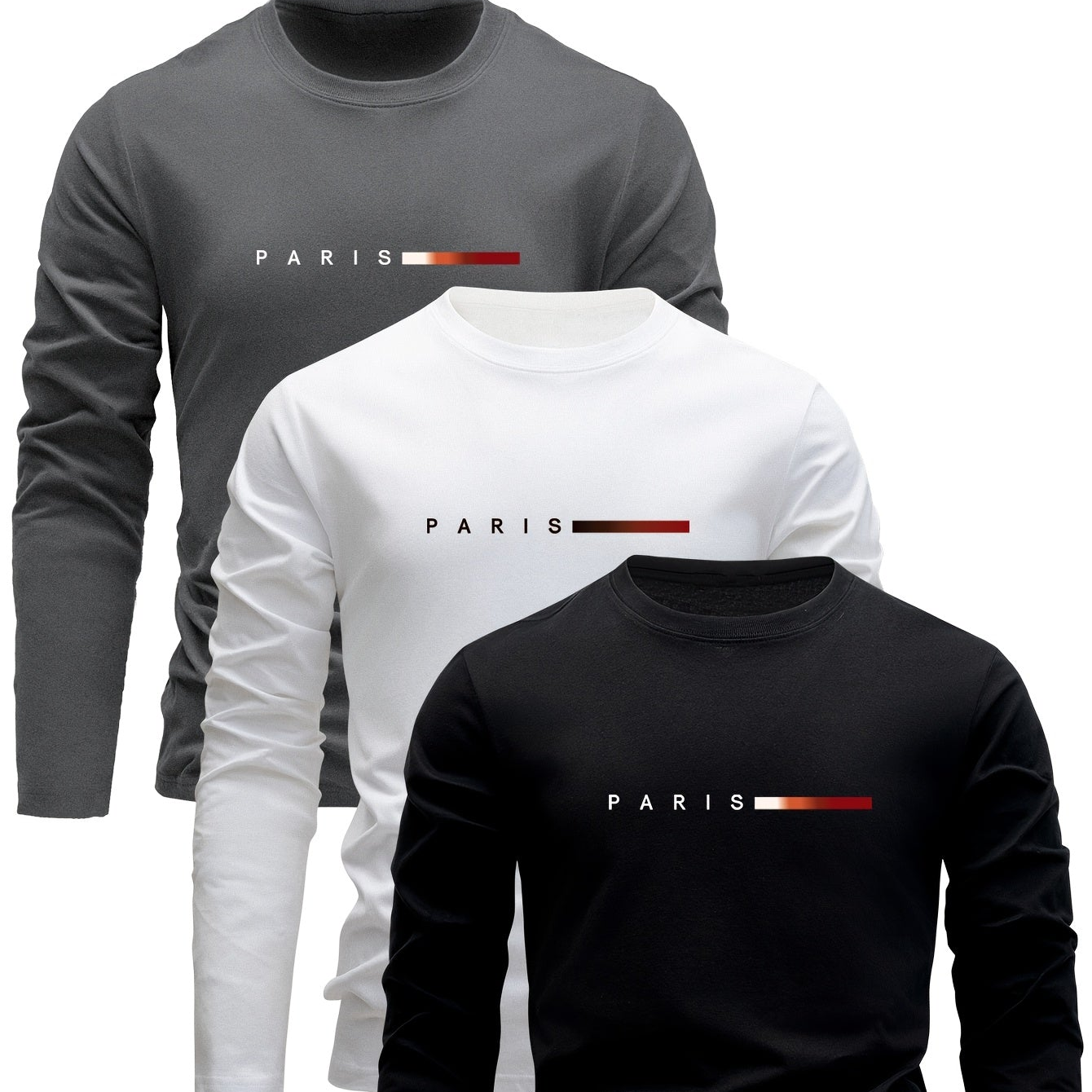 Lot de 3 T-shirts Homme Manches Longues Col Rond Motif Paris Dégradé
