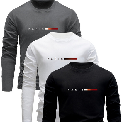 Lot de 3 T-shirts Homme Manches Longues Col Rond Motif Paris Dégradé
