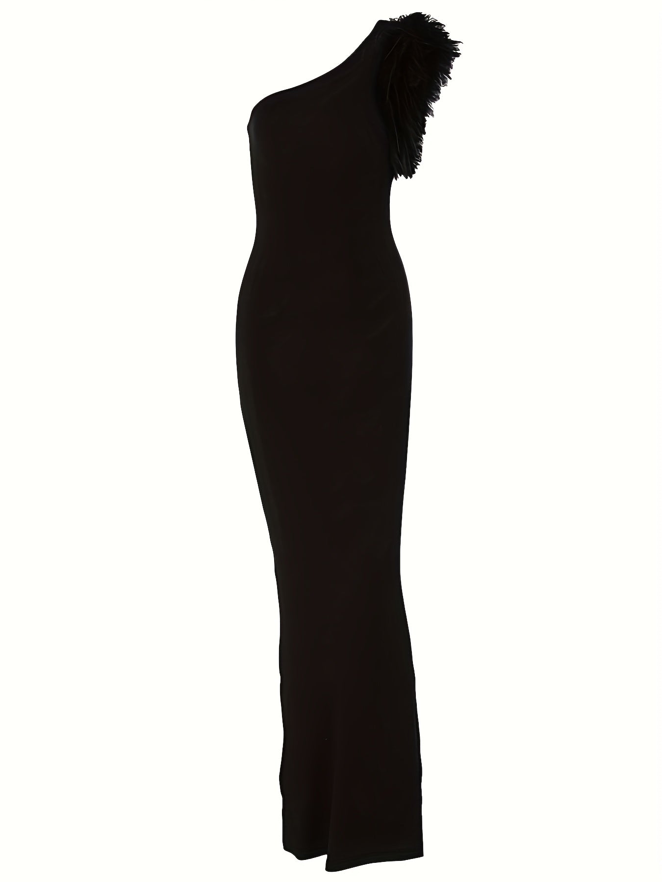 Abito lungo aderente da donna per serata elegante, monospalla con dettaglio piuma, stile glamour