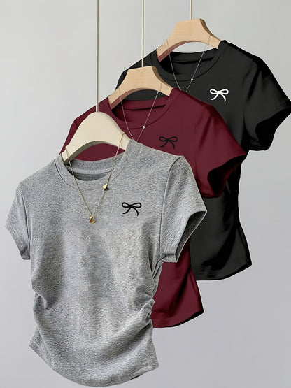 T-shirt femme casual chic à manches courtes avec nœud brodé, style élégant pour usage quotidien