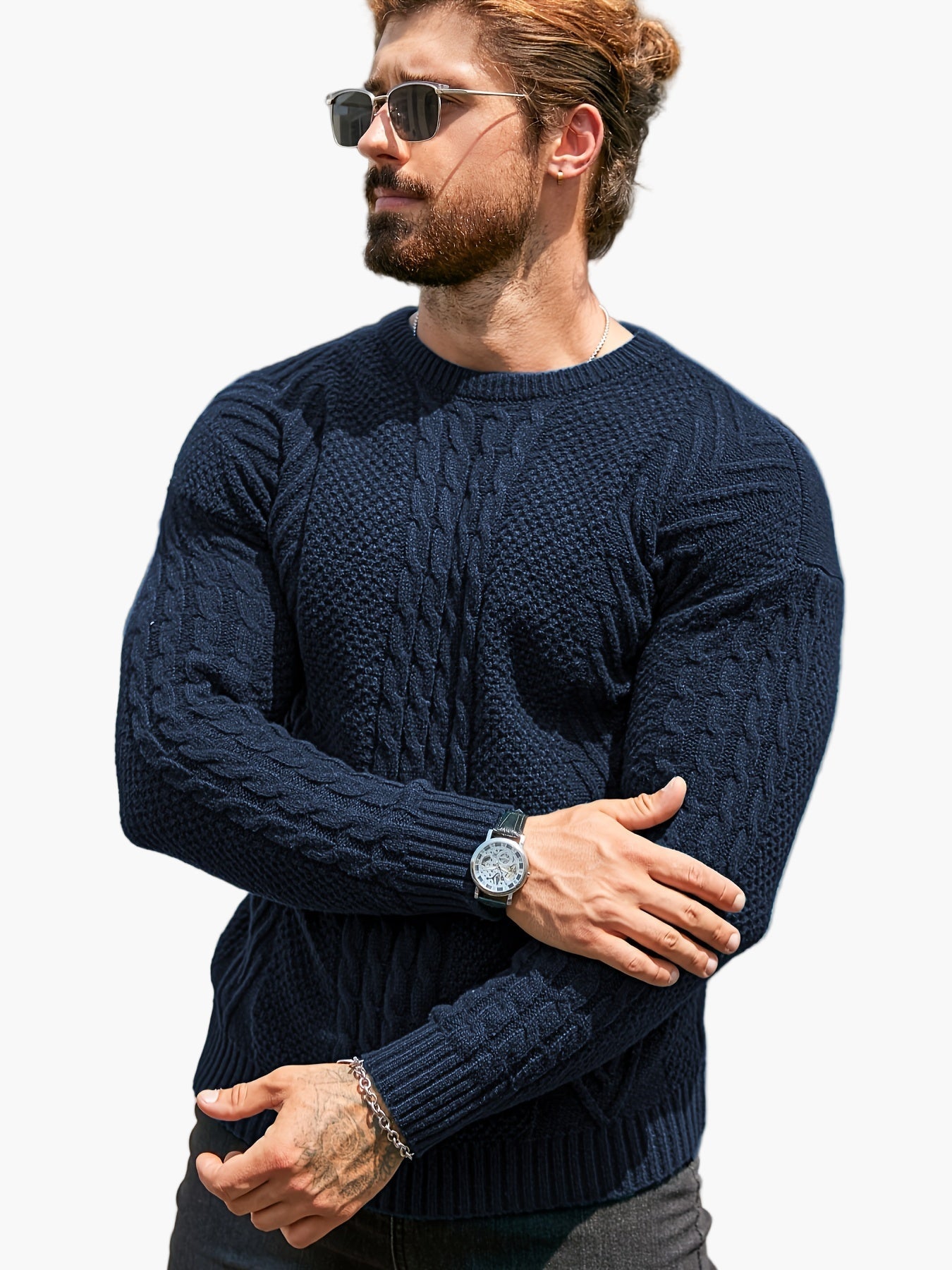 Jersey de punto trenzado para hombre estilo urbano casual – Mangas largas, elegante otoño/invierno