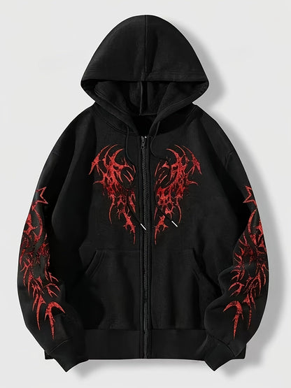 Sweat à capuche zippé noir avec motif tribal rouge manches longues