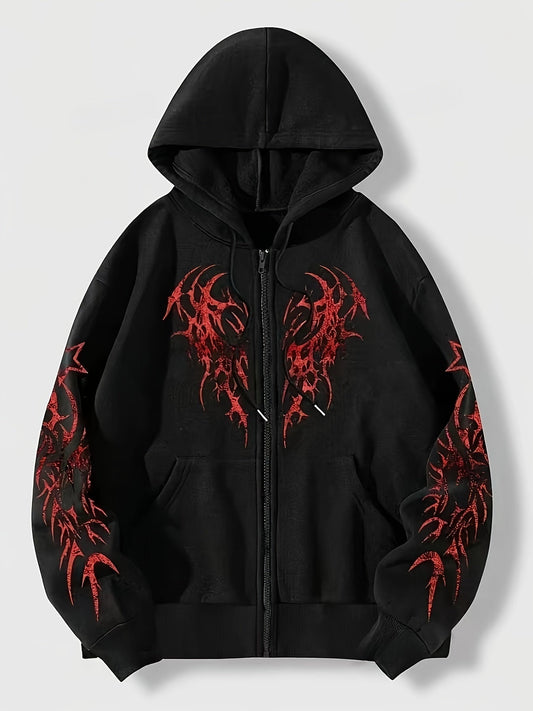 Sweat à capuche zippé noir avec motif tribal rouge manches longues