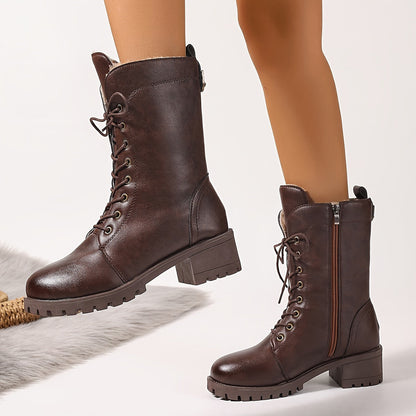 Bottes montantes marron foncé à lacets et semelle crantée pour femme