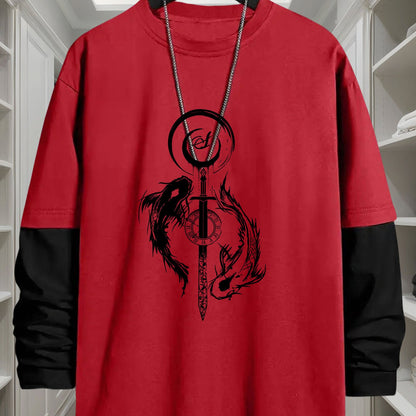 T-shirt Homme Manches Longues Bicolore Imprimé Dragon Épée