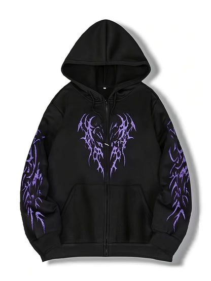 Sweat à capuche zippé noir avec motif tribal rouge manches longues