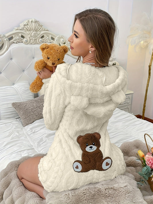Grenouillère Peluche Femme à Capuche Ours Polaire Crème avec Broderie Ours Marron