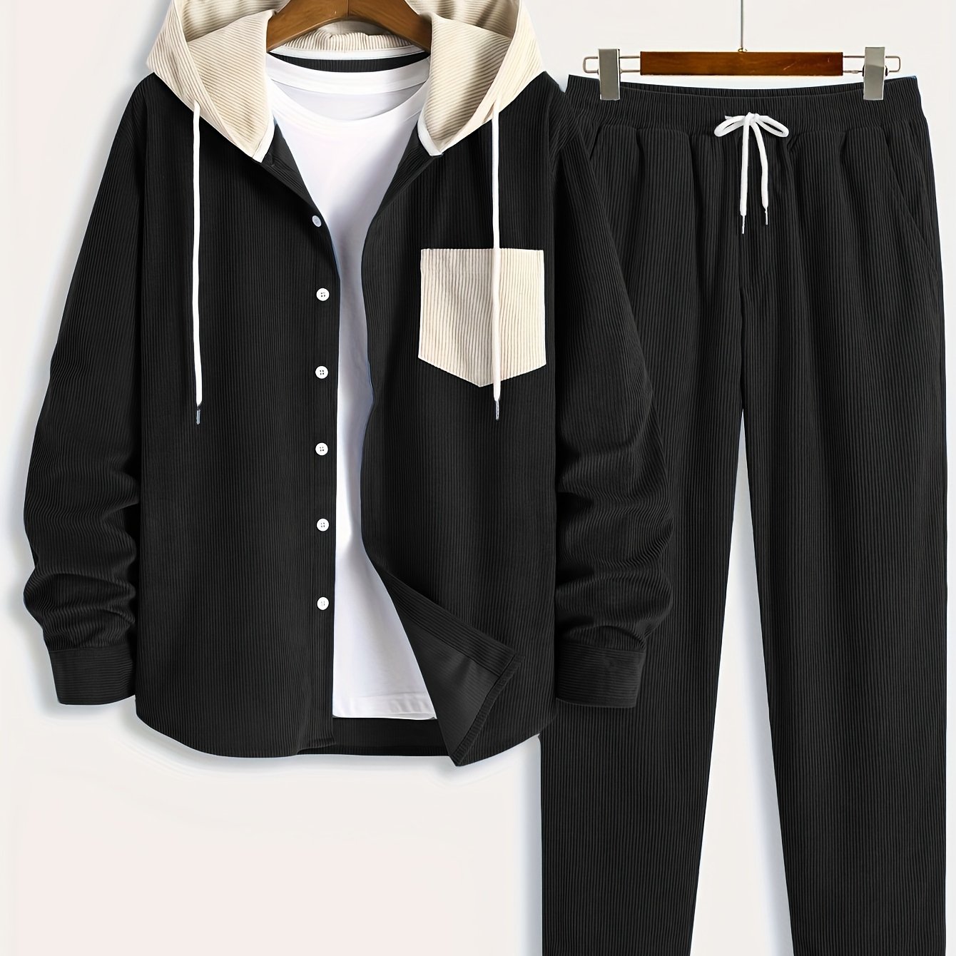 Ensemble Homme Côtelé Chemise à Capuche et Pantalon Couleur Unie