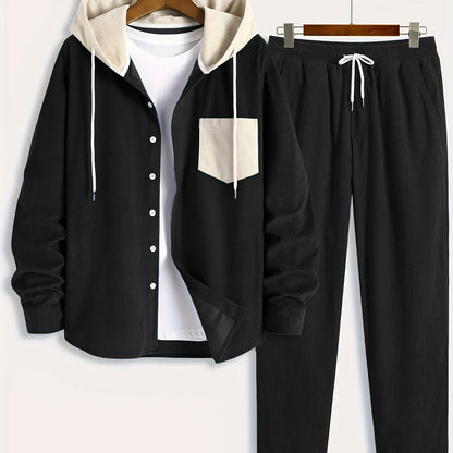 Ensemble Homme Côtelé Chemise à Capuche et Pantalon Couleur Unie