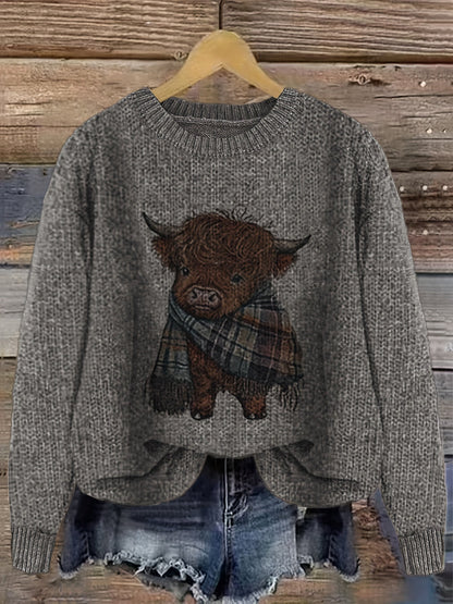Women's Crew Neck Highland Cow Graphic Pullover Sweater