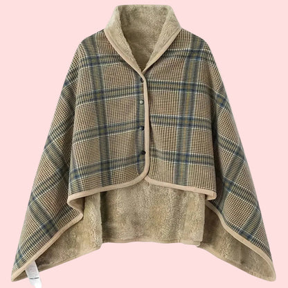 Women's Plaid Snap Button Fleece Lined Poncho Cape