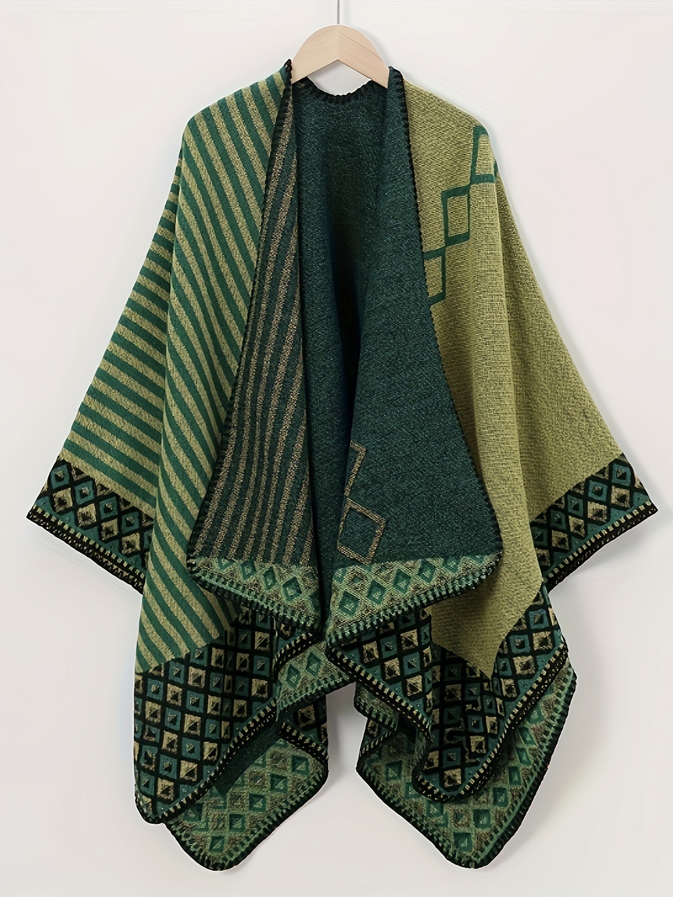 Cape Poncho Femme Réversible Vert Motif Géométrique Rayé Grande Taille
