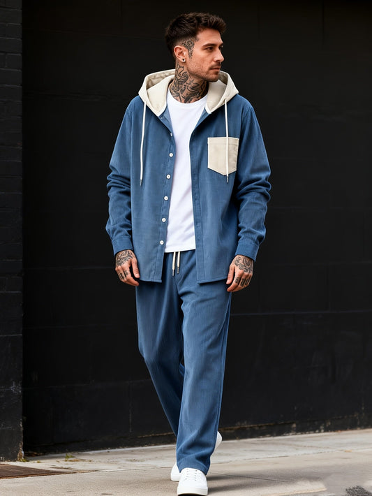 Ensemble Homme Côtelé Chemise à Capuche et Pantalon Couleur Unie