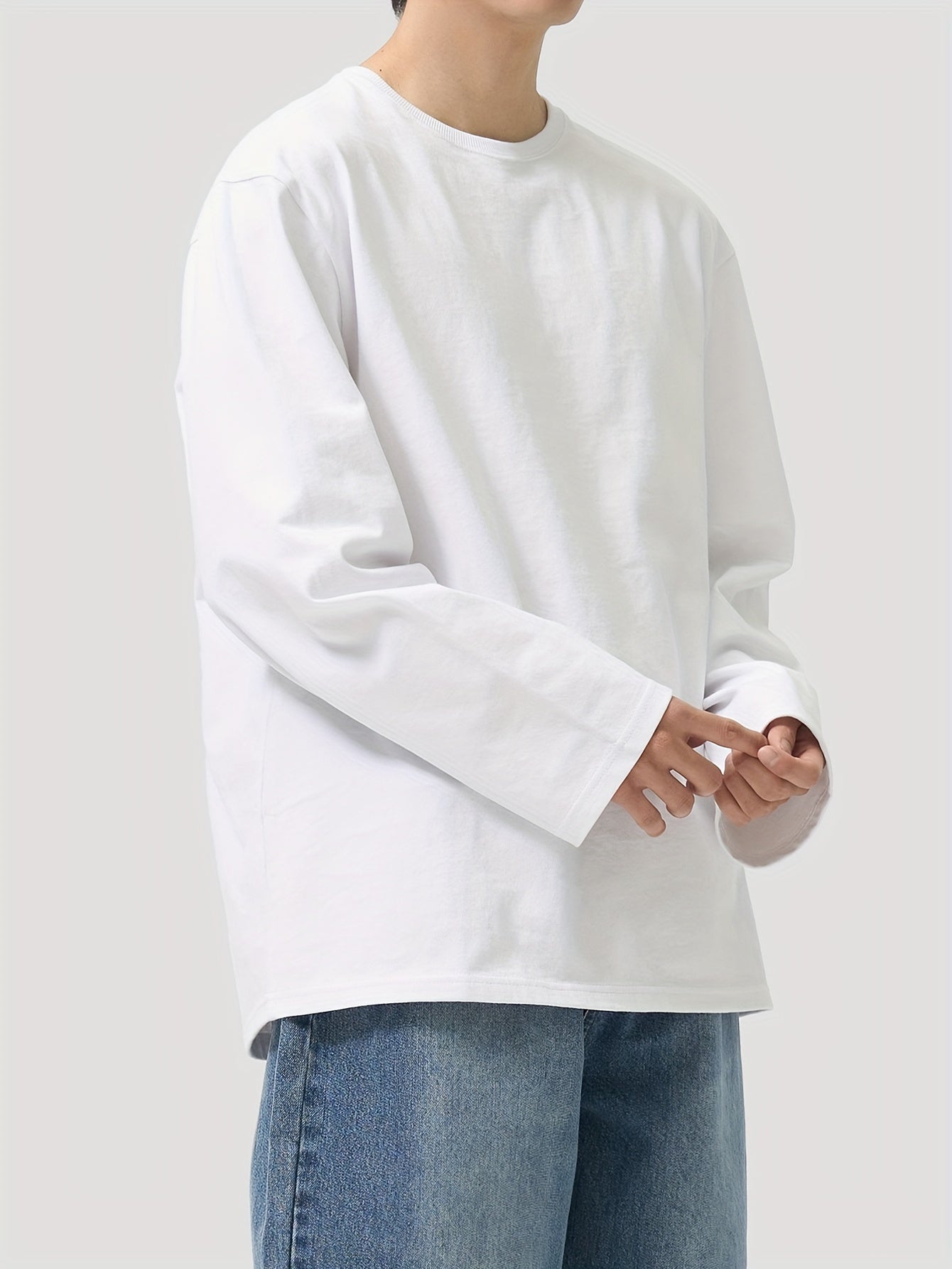 T-shirt Homme Manches Longues Uni Col Rond Ample Noir ou Blanc