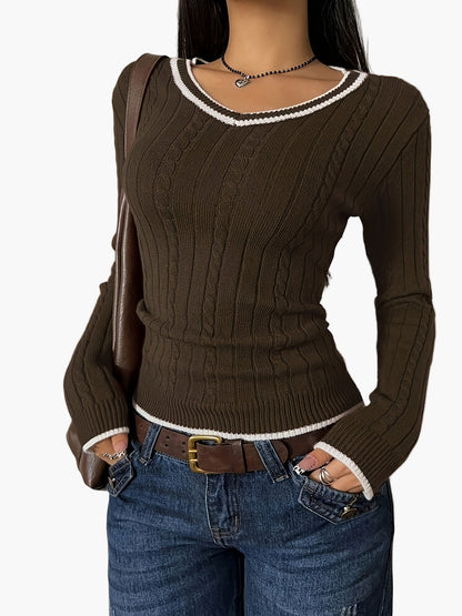 Damtröja med V-ringning och ribbad effekt i casual chic stil