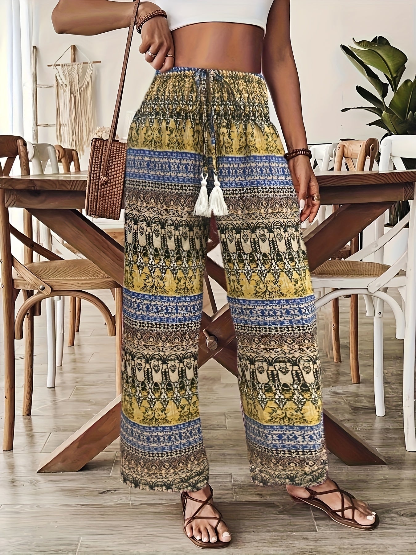 Pantaloni larghi stile bohémien da donna, stampa geometrica, vita elasticizzata, ideali per vacanze e estate