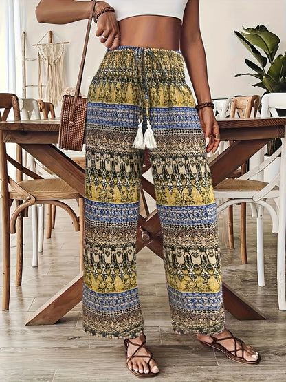 Pantaloni larghi stile bohémien da donna, stampa geometrica, vita elasticizzata, ideali per vacanze e estate