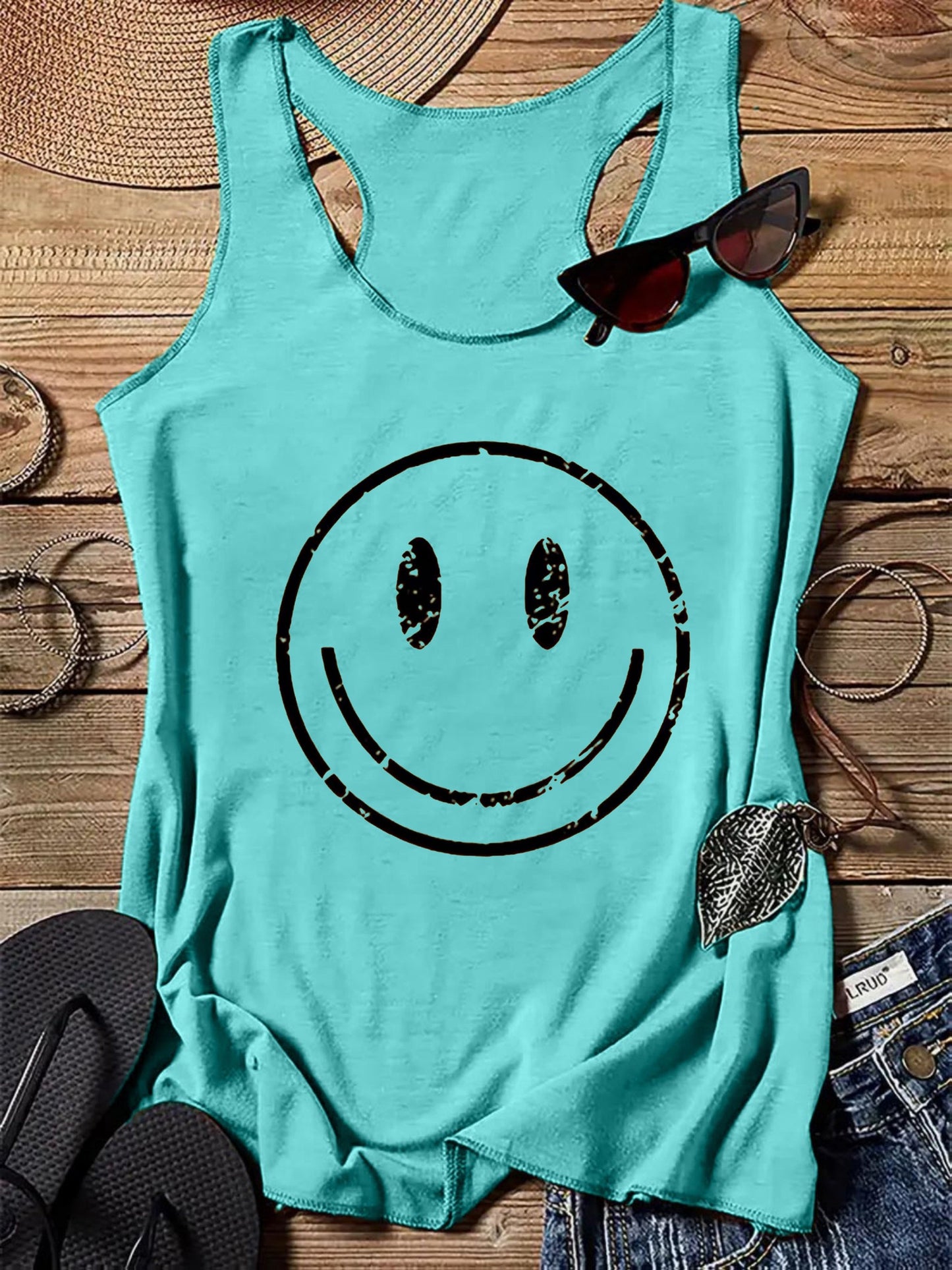 Top casual da donna con stampa smiley, stile estivo, ideale per il tempo libero