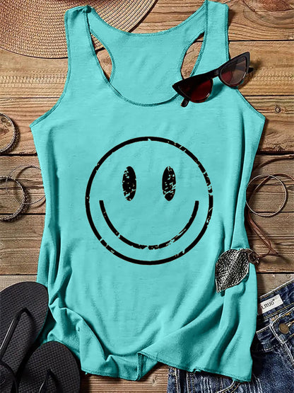 Top casual da donna con stampa smiley, stile estivo, ideale per il tempo libero