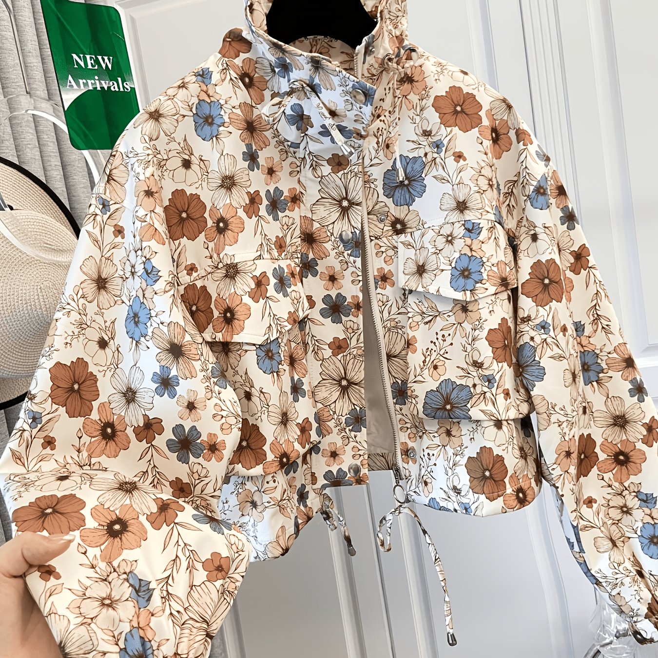 Veste courte à motif floral et abstrait pour femme avec col montant et cordon de serrage