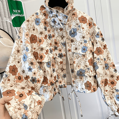 Veste courte à motif floral et abstrait pour femme avec col montant et cordon de serrage