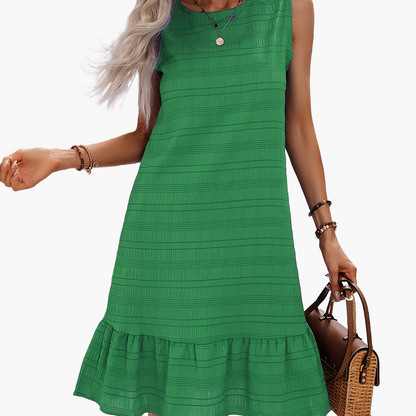 Abito casual donna stile vacanze con volant, senza maniche, collo tondo