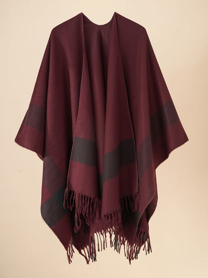 Women's Fringe Trim Open Front Poncho Cape