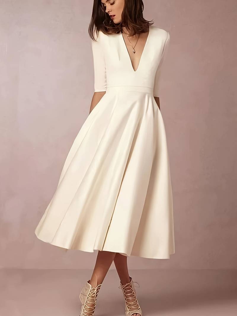Abito midi elegante donna con scollo a V e maniche tre quarti – Ideale per eventi e ricevimenti